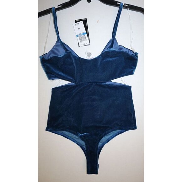 Just Polly JK11705-MA Juniors Sz M Blue Velvet Side Cutout Bodysuit - Picture 4 of 5